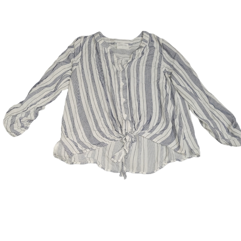 Emilia Striped button down 3/4 sleeves v neck knot front 100% rayon